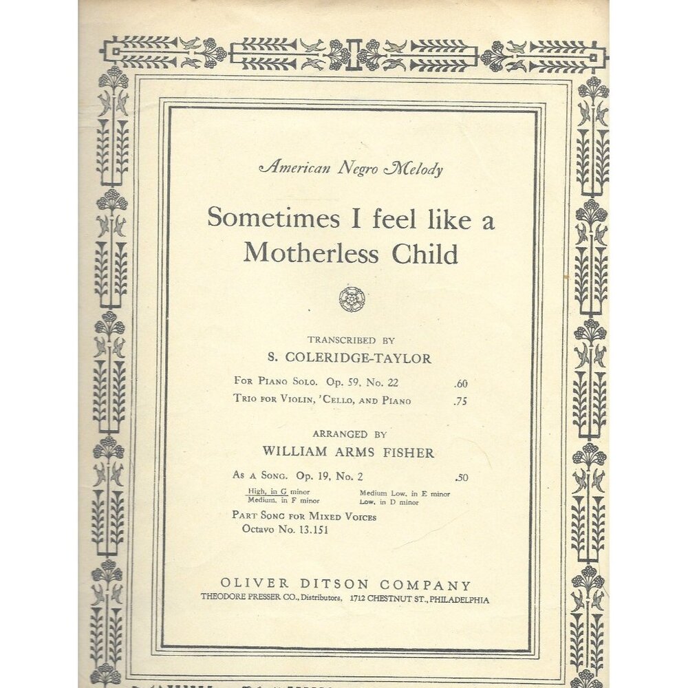 Sometimes I Feel Like a Motherless Child Sheet Music 1917 Coleridge-Taylor